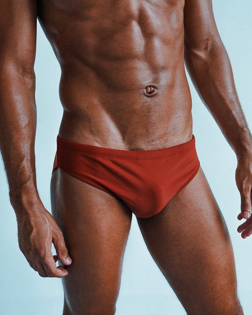 A close-up of a male model wearing a solid rust-red men's brief against a light blue studio background.